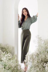 Soft Silk Blouse with V-Neck and Buttoned Cuffs